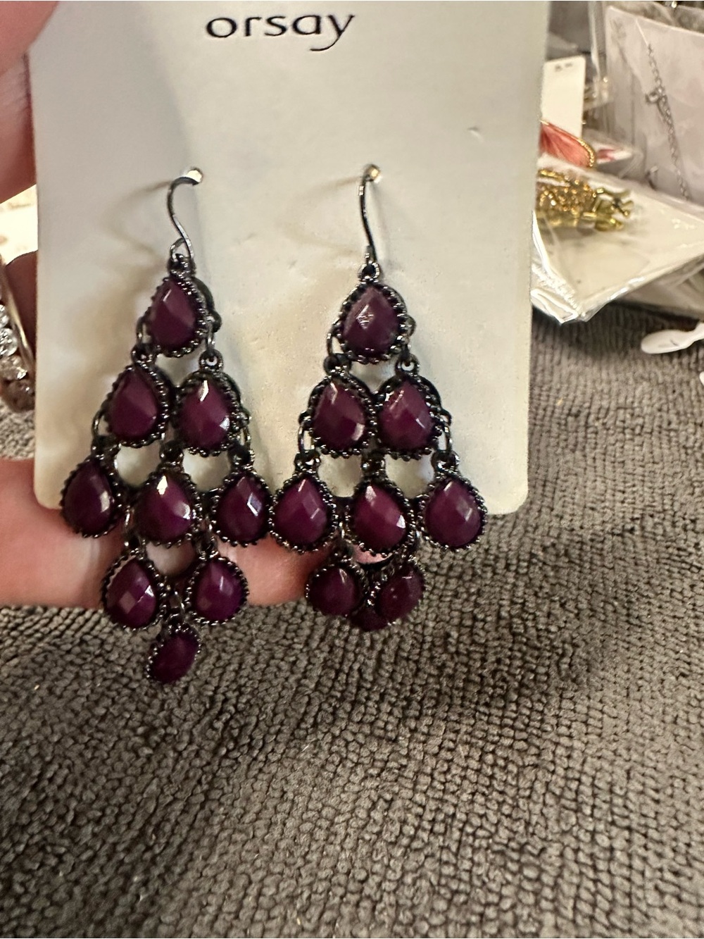 Orsay Purple Teardrop Chandelier Earrings with Dark Metal Finish